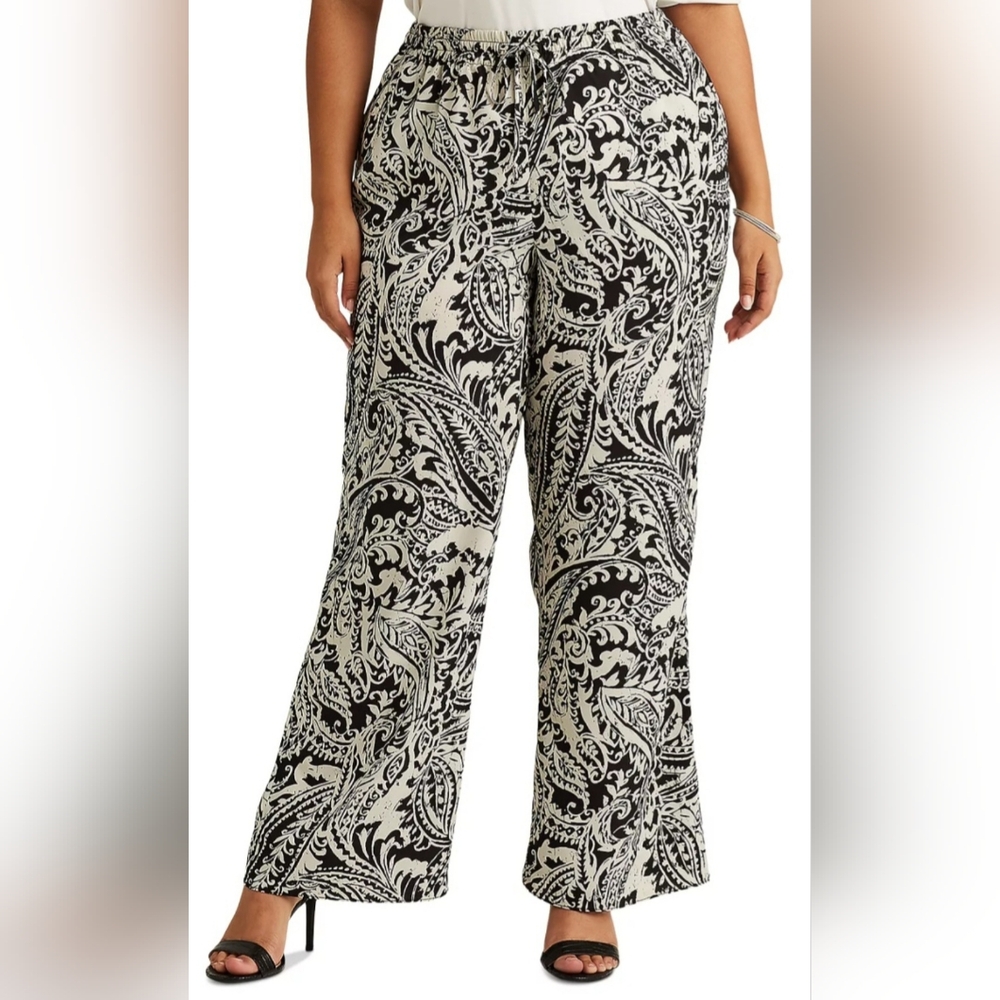 Lauren Ralph Lauren Paisley-Print Delicate Crepe Wide-Leg Pants Pull On 1X